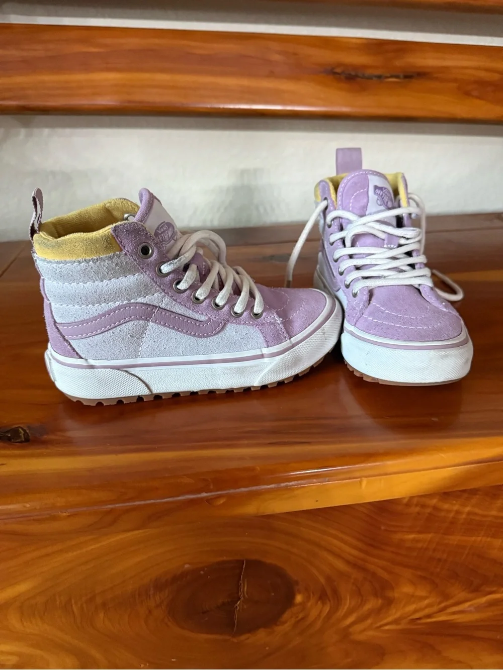 Vans Lilac and White High-Top Kids Sneakers with Yellow Accent